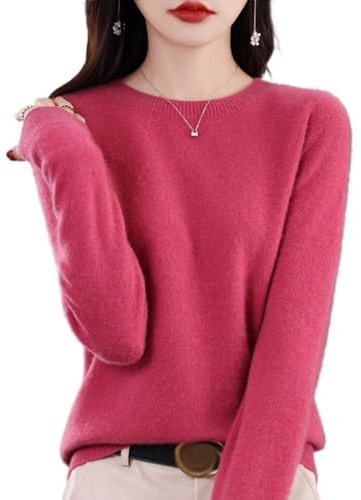 LOVEWLVNCL Pulls en Cachemire for Femmes, l'automne et l'hiver Solide à Manches Longues, Pull Doux et Tendance à col Rond, décontracté Pull pour Femme(Pink 2,L)