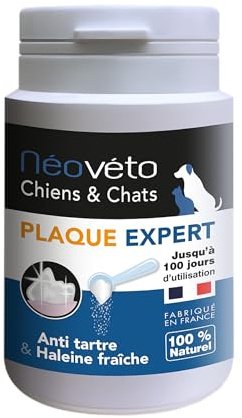 NEOVETO - Plaque Expert Actifs Bio - 60G - Anti tartre, Mauvaise haleine - Soin Dentaire Naturel pour Chien & Chat - Jusqu'à 100 Jours de Cure - Fabriqué en France