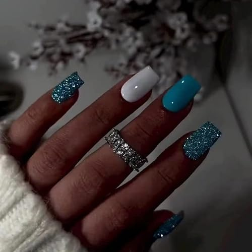 Angwis 24pcs Short Square False Nails Sky Blue Glitter Stick on Nails Creamy White Press on Nail Acrylic Removable Glue-on Full Cover Fake Nail Art Accessories for Women