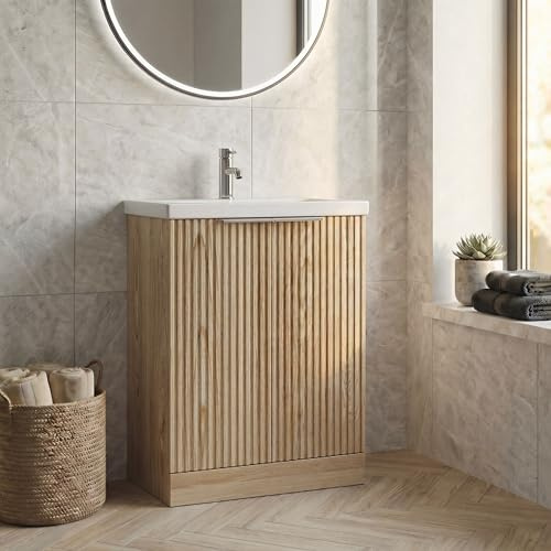 BAYSTONE® Fluted 600mm Bathroom Vanity Unit Ceramic Wash Sink, Cloakroom Storage Furniture Under Basin Cabinet Floorstanding Cupboard, Wood