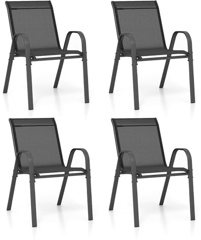 KOMFOTTEU Juego de 2/4 Sillas de Jardín, Silla Apilable Terreza Exterior de Tela con Marco de Metal, Sillón de Comedor con Reposabrazos y Respaldo Alto, Carga 150kg, 56 x 70 x 84 cm (4, Negro)