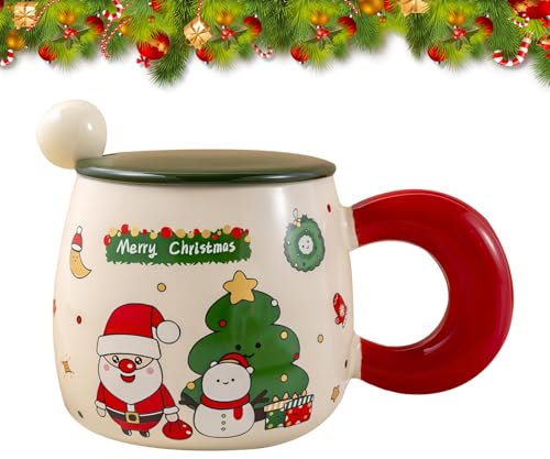 Vidillo Christmas Coffee Mugs 500ml Xmas Ceramic Gift Mug with Lid Durable Tea Cup Milk Cup Coffee Chocolate Cup for Women Mum Her Grandma Girl Teacher Friend Birthday Gift Christmas Decor (Red)