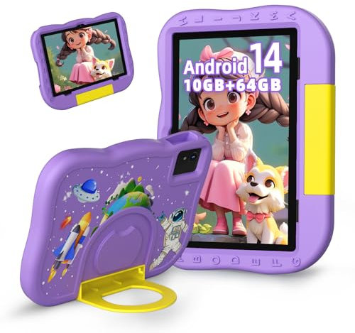 Rebecco Android 14 Tablet for Kids 10 inch, 10+64GB Octa-Core, 1TB SD Card Expandable, Parental Control, Dual Camera,Children's Tablet with Case, WiFi 6, Great Gift for Kids(Purple)