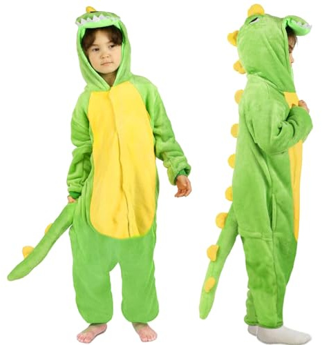 Costume de Dinosaure Enfants- Pilou Combinaison Dinosaure Deguisement Flanelle Unisex Pyjama Onesie Animal Grenouillèr Dino avec Capuche Vêtements de Nuit Tenue pour Enfant Halloween Carnaval Cosplay