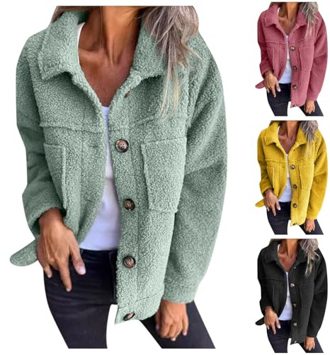 Veste Courte à Revers Chaude pour Femme Veste Décontractée à Manches Longues en Polaire Sherpa Boutonnée Et Duveteuse Manteau à Revers Cranté avec Poches