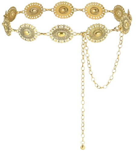 Alaoo Metall Kettengürtel, Verstellbare Taillenkette aus Metall für Damen, Western-Cowgirl-Kleidergürtel, 130CM Goldfarbene Taillenkette, geeignet für Kleider und Jeans(B)