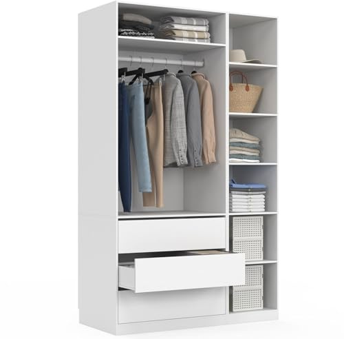 IDMarket - Dressing Taylor 120 x 55 x 200 cm Blanc | Avec penderie + 7 étagères + 3 tiroirs, modulable avec gamme taylor
