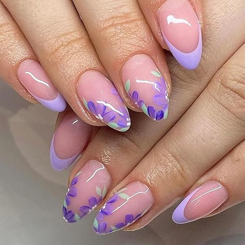 Faux Ongles Court MouyouGlow,Amande Violet French Fleurs Floral Press on Nails avec Colle à Ongles,Purple Tips Flowers Été INS Fake Nails pour Femmes & Filles