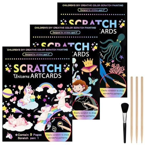 Rayong Set of 3 Scratch Pictures for Children 18.5 x 13.5 cm Magic Rainbow Scratch Paper Scratch Book Scratch Paper Set with Colourful Gradient and Scratch Pen, Unicorn, Little Fairy, Submarine World