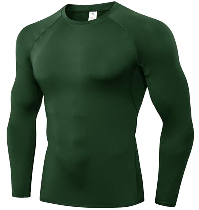 Yuerlian Dark Green Long Sleeve Compression Shirt for Men Running Top Quick Dry Sports Training Base Layer T-Shirt for Exercise Workout Fitness Golf