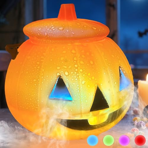 KEELYY Halloween pumpadekoration med LED-lampor och dimmaskin, halloween pumpa hink med belysning och dimmakare, höstdekoration utomhus skräck pumpa för halloween