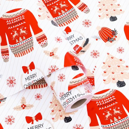 Larcenciel Papier Cadeau Rouge– Rouleau Emballage Cadeau Noel 10m x 43cm, Papier Cadeaux Kraft Blanc avec Modèle de Pull, Idéal pour Noël, Anniversaires et Fêtes, pour les Amis et la Famille