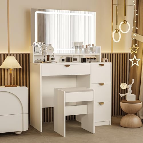 Tocador con espejo y silla, tocador con iluminación y enchufes USB, mesa de cosméticos con 3 estantes abiertos y con 4 cajones, para dormitorio, vestidor, estudio (blanco, 140 × 90 × 40)