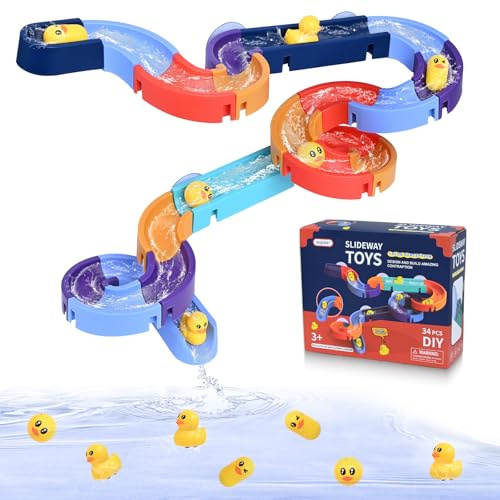 WEXFFU Jouets de Bain pour Enfants, 34 Pièces DIY Ball Track Bathtubs Jouet, Construction de Toboggan Aquatique Jouet de Baignoire avec Ventouses et Canard Cadeaux, Cadeaux pour Enfants