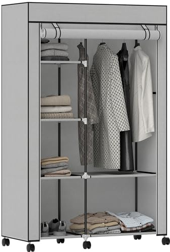HOMCOM Armario de Tela con Ruedas, Armario Portátil, con Barra para Colgar, 6 Estantes, Marco de Acero, para Dormitorio, Vestidor, 103x43x162,5 cm, Gris Claro