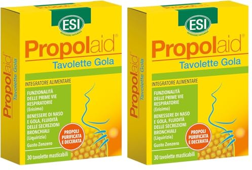 ESI, Propolaid Caramelle per la Gola con Propolis, Liquirizia ed Erisimo, Allevia le Infiammazioni del Cavo Orale, Naso e Gola, Senza Glutine, Vegetariane, Gusto Zenzero, 30 Tavolette