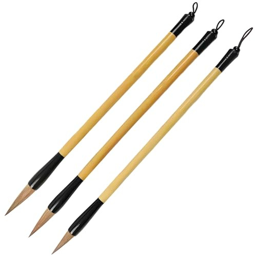 Lot de 3 pinceaux de calligraphie chinoise, pinceaux traditionnels en poils de belette en 3 tailles avec poignées en bois, stylos pinceaux pour peinture à l'encre et calligraphie