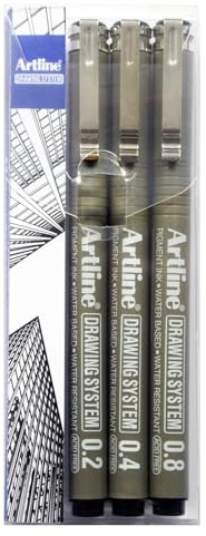 Artline 0,2 mm/0,4 mm/0,8 mm ritsystem - svart (plånbok med 3)