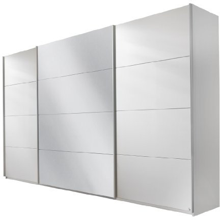 Rauch Möbel Quadra Kleiderschrank, Schwebetürenschrank, 3-türig, 1 Spiegeltür, inkl. Zubehörpaket Basic 4 Einlegeböden 4 Kleiderstangen, Farbe Alpinweiß, BxHxT 315x210x62cm