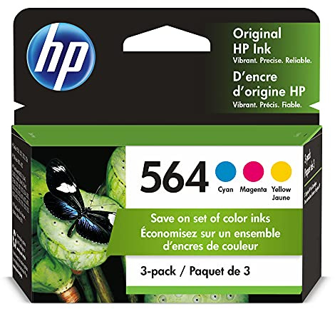 HP 564 Cyan, Magenta, Yellow Ink Cartridges (3-Pack) | Works with DeskJet 3500; OfficeJet 4620; PhotoSmart B8550, C6300, D5400, D7560, 5500, 6510, 6520, 7500, Plus | N9H57FN