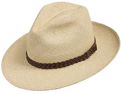 ULTRAFINO Fedora Packable Foldable Panama Straw Hat Classic Dark Brown Braided Leather Hatband 7 5/8