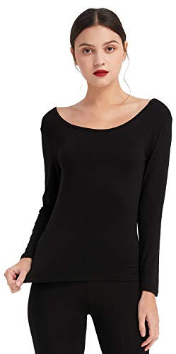 Mcilia Damen Unterhemd, ultradünn, modal, Thermo-Unterhemd, Rundhalsausschnitt, langärmelig, Schwarz, M