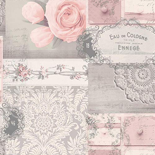Decoupage Patchwork Floral Wallpaper Flowers Pink Grey Silver Metallic YöL