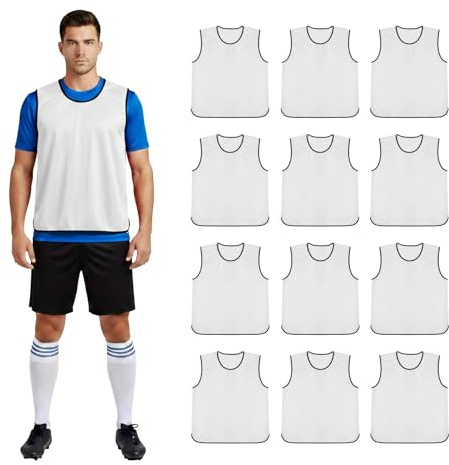 12 x sport träning haklappar fotboll nätboll rugby hockey cricket volleyboll pinnies scrimmage västar fotboll sportklubb + bärväska (Senior vuxen ungdom junior och barn) (vit, junior (7–12 år))
