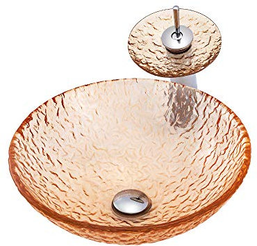 HomeLava Moderne Vasque à Poser en verre trempé Lavabo Lave-Mains Évier rond pour salle de bains, robinet cascade fourni, 45x15cm