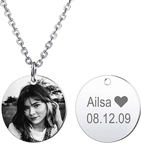MeMeDIY Pendentif Rond Personnalisé Gravure Image/Texte pour Hommes Femmes Garçons Filles Pierre De Naissance Collier Photo en Acier Inoxydable Chaîne Réglable Mémorial Amant Bijoux Amitié Cadeau