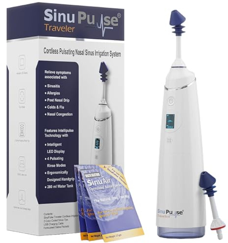 Health Solutions SinuPulse Traveler Irrigación sinusal pulsante inalámbrico, enjuague nasal, limpiador y máquina de alivio para viajes Aliviar la congestión con sistema avanzado de enjuague de
