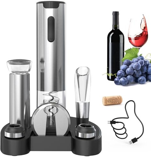 CIRCLE JOY Set di Apribottiglie Elettrici 7 in 1 con base di ricarica, Tagliacapsule, Versatore, tappo a vuoto e 2 tappo per vino, regalo per gli amanti del vino
