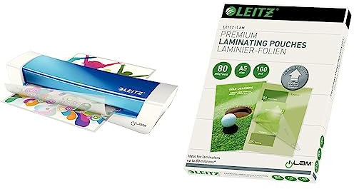Leitz A4 Laminiergerät, Für 80 bis 125 mic Laminierfolien, inkl. Laminierhüllen Starterkit, Blau, iLAM & Heißlaminierfolien A5 80 mic, Laminierfolien in Premium-Qualität im 100er Pack, Transparent