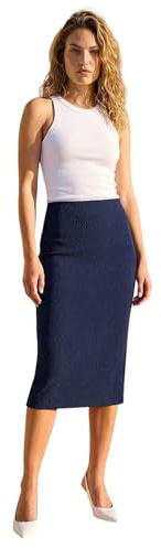 Roman Originals Textured Pencil Skirt for Women UK Ladies Jersey Work Office Smart Formal Bodycon Under the Knee Length Calf Length Midi Tight Fitted Straight Shift - Navy - Size 12