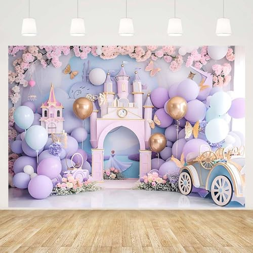 MEHOFOND Toile de fond pour photo pour filles, 2,1 x 1,5 m, violet, pour anniversaire, photographie, fleurs, château, papillon, arrière-plan de voiture, fête prénatale, gâteau, éclatement, princesse