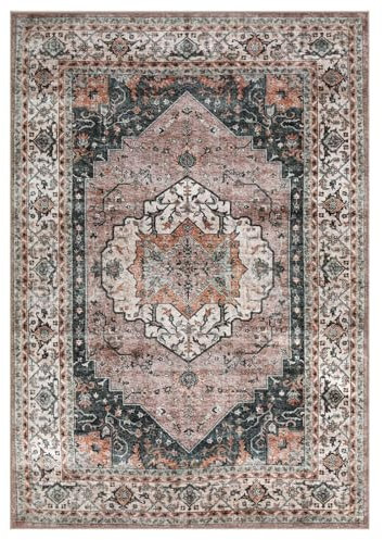 IDIMEX Teppich Traditional waschbar 160 x 230 cm Grau Rostrot mit Grau und Beige Vintage Kurzflor rutschfest, schmutz- und wasserabweisend, strapazierfähig, pflegeleicht