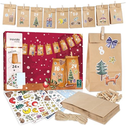 Adventskalender zum Befüllen für Kinder und Erwachsene : Adventskalender 2025 DIY – Premium Tüten Advents-Kalender zum Befüllen – Weihnachtskalender leere Beutel – Kalender Selber Basteln – Inovida