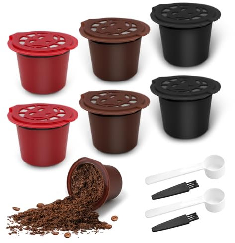 6 Pack Reusable Coffee Capsules Pods for N Espresso OriginalLine, Refillable Coffee Pods Compatible with N Espresso Machines Filter with Coffee Spoon and Brush(Brown*2 + Black*2 + Red*2)