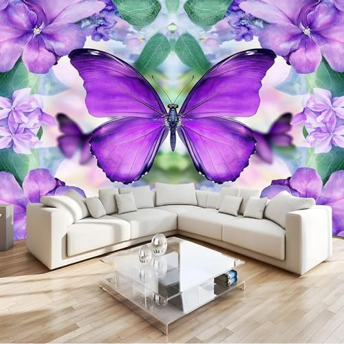 Art Fototapete Lila Schmetterling Blumen Vliestapete Wohnzimmer Schlafzimmer 300x210 cm Vlies Tapete Art Wandtapete UV-Beständig Wanddekoration Tapete