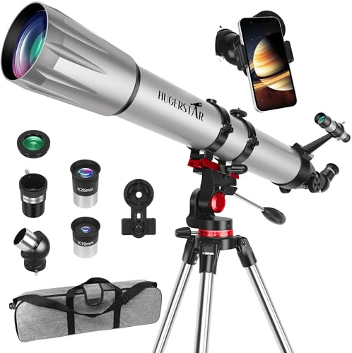 HUGERSTAR Teleskop, Teleskop Astronomie Profi für Erwachsene, 90mm Blende 900mm Refraktor Teleskope für Kinder und Einsteiger mit Ausziehbarem Stativ, Telefon Adapter, Mondfilter Beobachtung von Mond