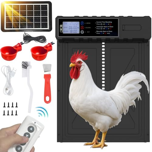 Fexrror Puerta Gallinero Automatica Solar, Puerta Automatica Gallinero de Aluminio con Pantalla LCD, Temporizador, Mando a Distancia, Función Anti-pellizco