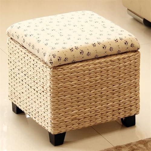 Sgabello portaoggetti in vimini intrecciato a mano, versatile poggiapiedi e baule portaoggetti per uso interno, elegante scarpa rettangolare, design naturale, 30 cm.