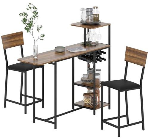 HOMCOM Set di tavolo e sgabelli da bar Tavolo alto da cucina con 2 sgabelli laterali apribili supporto per vino e scaffali stile industriale marrone e nero