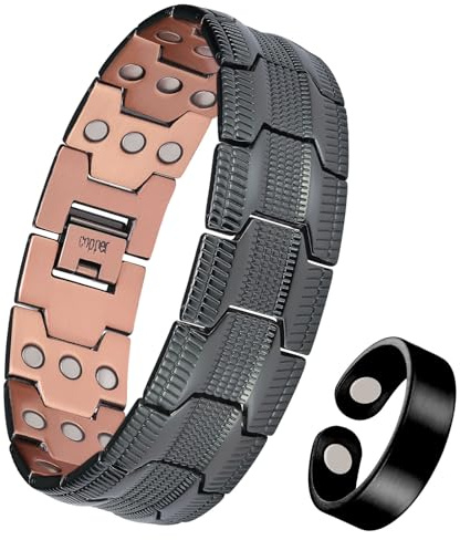 Jecanori Pulsera magnética de cobre para hombre, pulsera de cobre ajustable magnética para hombre, 3.500 imanes gauss, anillos y cajas de regalo (negro), 22 cm, Cobre