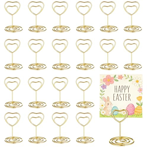 Nvwa Kiro 20 Pcs Gold Table Number Holders, Heart Shape Place Card Holders, Photo Holder for Tables, Metal Number Stands, Stainless Steel Picture Clips for Wedding Party Office, 5x3.3cm