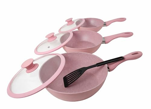 VKZ Set Pentole e Padelle 3 Pezzi, 3 Padelle Antiaderenti con 3 Coperchi in Vetro + 1 Utensili da Cucina, Rivestimento Antiaderente, Manici Ergonomici, Adatte a Gas e Induzione(rosa)