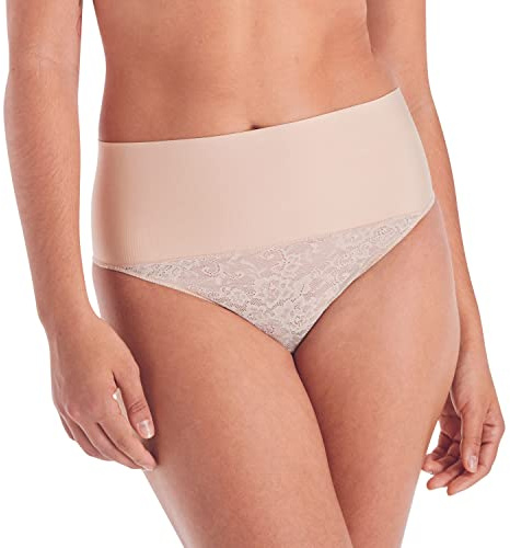 Maidenform Women's Tame Your Tummy Shaping Thong with Cool Comfort Waist Shapewear, Transparent/Nude Lace, Medium