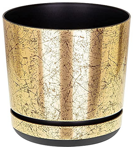 KORAD OLD GOLD flower indoor plant pot with saucer plastic gloss modern decorative planter with drainage holes (26 cm)
