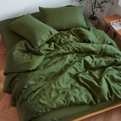 Sijo Stone Washed Organic French Linen Bed Sheet Set, GOTS Certified Organic, Best Cooling Linen Sheet Award by Sleep Foundation, 3 Piece - 2 Pillowcases and 1 Fitted Sheet (Forest, Queen)