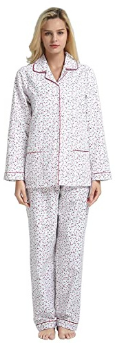 GLOBAL Pigiama da Donna Flanella di Cotone con Bottoni Frontali, Pantaloni con Coulisse